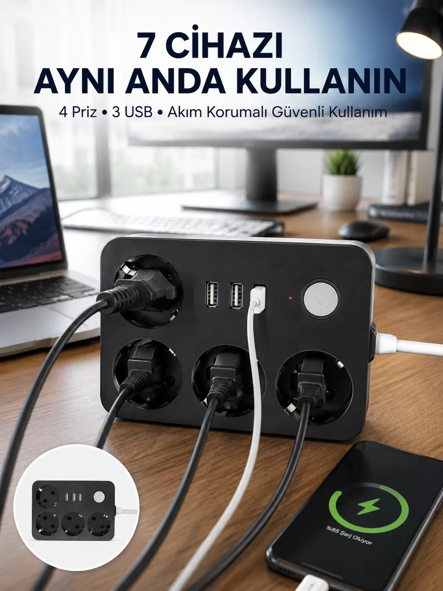 3 USB Çıkışlı 4’lü Akıllı Priz 2500W 2 Metre Kablo 1 3 USB Çıkışlı 4’lü Akıllı Priz 2500W 2 Metre Kablo