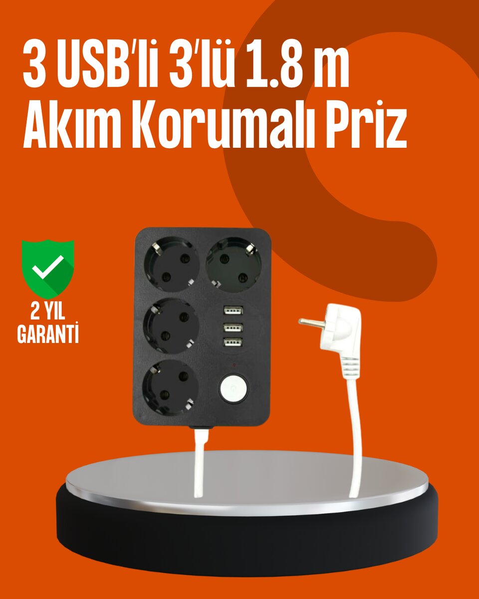 Akım Korumalı 3 USB Portlu 4’lü Priz 4.1A Hızlı Şarj 1 Akım Korumalı 3 USB Portlu 4’lü Priz 4.1A Hızlı Şarj