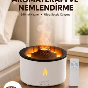 Alev Efektli Aromaterapi Difüzörü – 360 ml Su Hazneli Sessiz ve Zaman Ayarlı Yeni Nesil