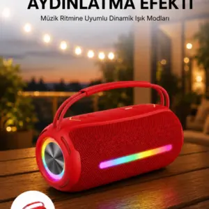 360 RGB LED'li Taşınabilir Bluetooth Hoparlör – Kırmızı USB/TF Destekli