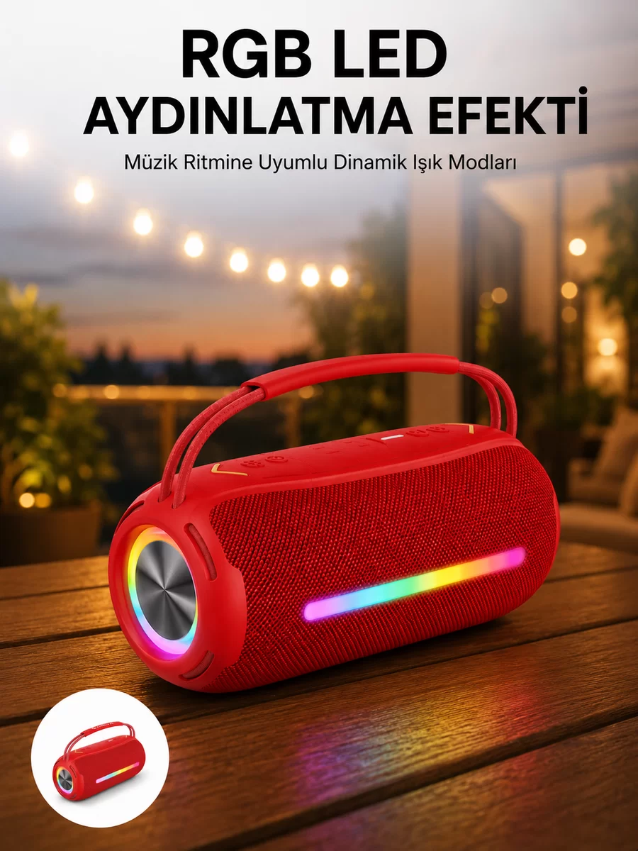 360 RGB LED'li Taşınabilir Bluetooth Hoparlör – Kırmızı USB/TF Destekli 1 360 RGB LED'li Taşınabilir Bluetooth Hoparlör – Kırmızı USB/TF Destekli