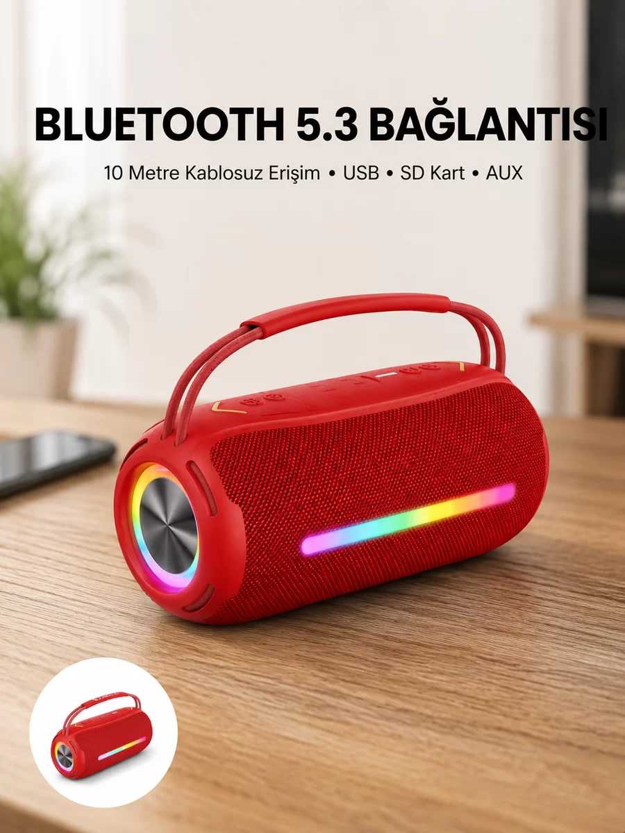 RGB Işıklı Taşınabilir Hoparlör – Çoklu Bağlantı Desteği 1 RGB Işıklı Taşınabilir Hoparlör – Çoklu Bağlantı Desteği