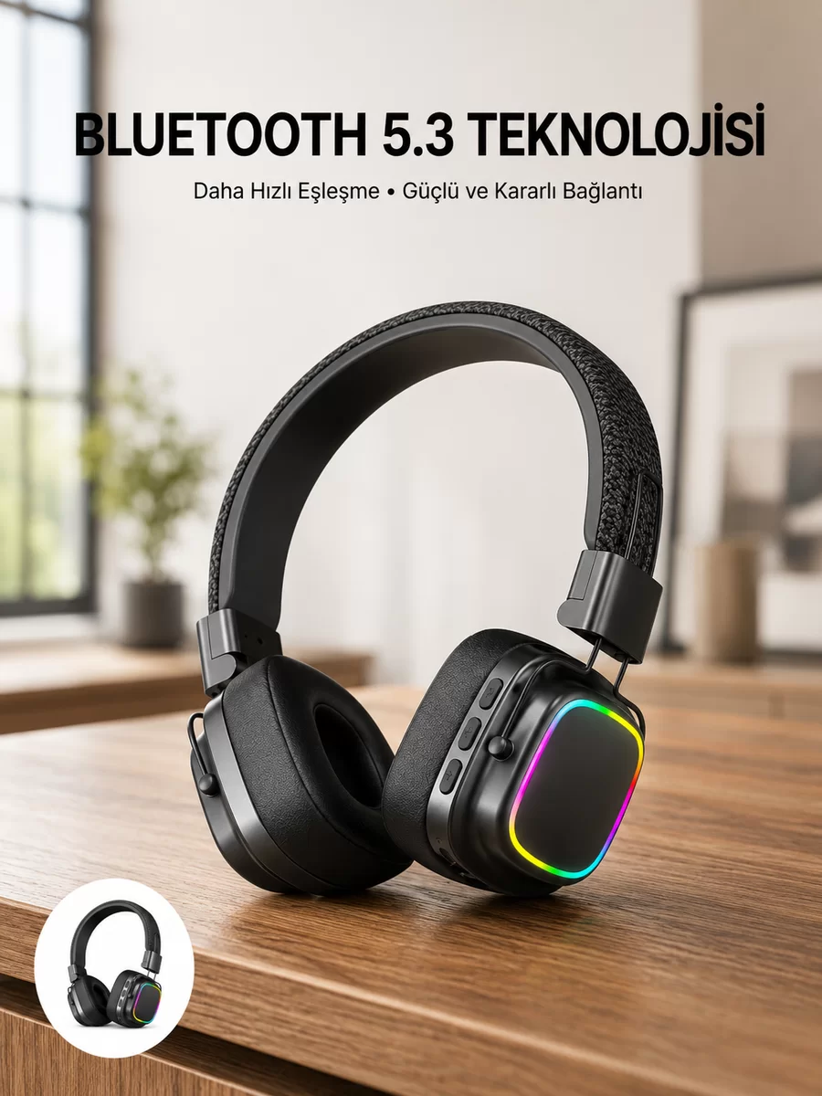 Renkli Işık Efektli Bluetooth 5.3 Müzik Kulaklığı Yeni Nesil 1 Renkli Işık Efektli Bluetooth 5.3 Müzik Kulaklığı Yeni Nesil