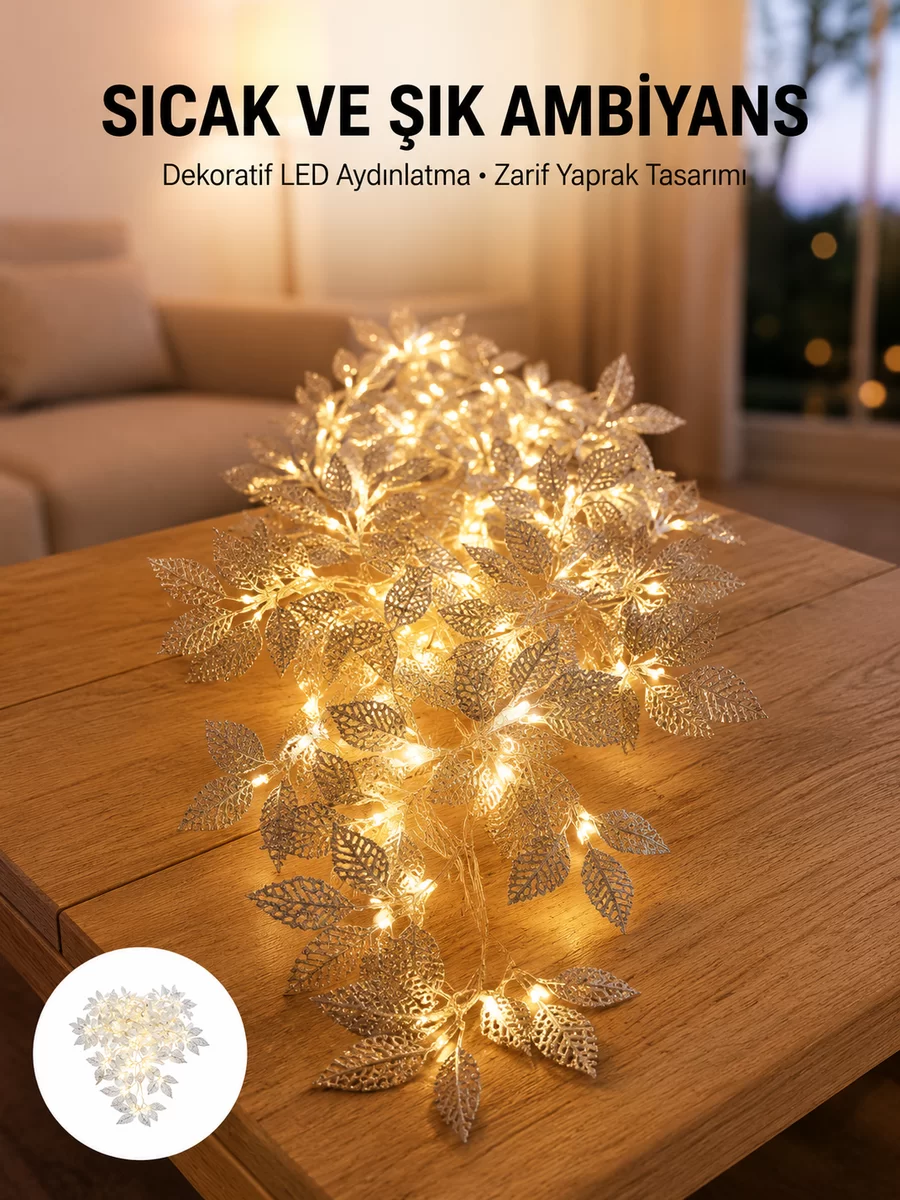 Gümüş Yaprak Tasarımlı LED Işık Pilli Ev ve Vitrin Dekoru 1 Gümüş Yaprak Tasarımlı LED Işık Pilli Ev ve Vitrin Dekoru