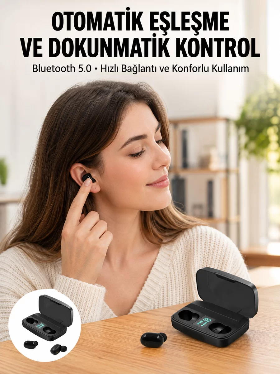 TWS Bluetooth Kulaklık 5.0 Bluetooth Bağlantılı Dokunmatik Kontrol Özelliği Yeni Nesil 1 TWS Bluetooth Kulaklık 5.0 Bluetooth Bağlantılı Dokunmatik Kontrol Özelliği Yeni Nesil