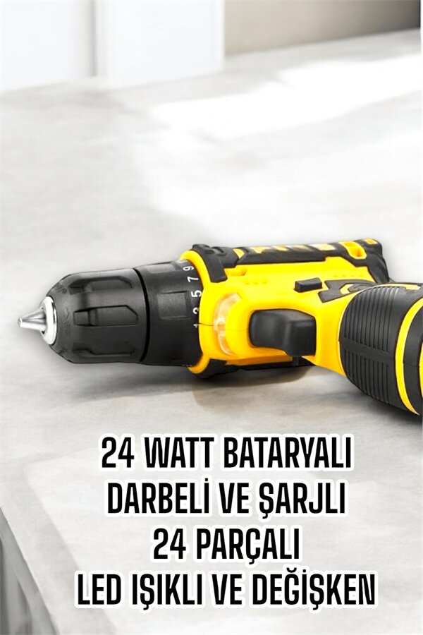 Çift Bataryalı Metal Dişli Darbeli Şarjlı Matkap Seti 24W Güç ve 24 Parça Aksesuar 4 Çift Bataryalı Metal Dişli Darbeli Şarjlı Matkap Seti 24W Güç ve 24 Parça Aksesuar - Görsel 4