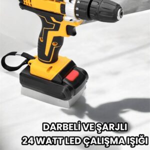 Metal Dişli 24W Akülü Matkap -Çift Bataryalı ve LED Çalışma Işığı ile Tam Set