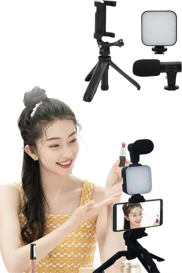 Tripod Telefon Tutucu Kumandalı Mikrofon Led Işık Vlog Video Kayıt 4 Tripod Telefon Tutucu Kumandalı Mikrofon Led Işık Vlog Video Kayıt - Görsel 4