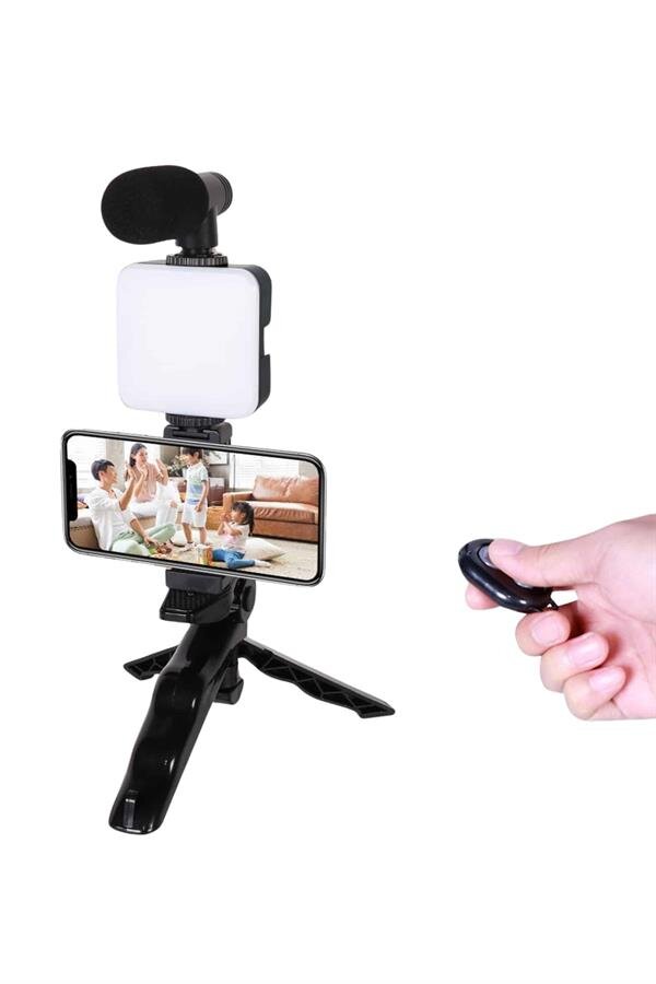 Telefon Tutucu Led Işıklı Kumandalı Mikrofon Telefon Vlog Video Kayıt 1 Telefon Tutucu Led Işıklı Kumandalı Mikrofon Telefon Vlog Video Kayıt