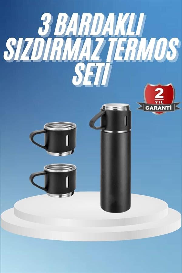 Termos Paslanmaz Çelik Termos Siyah Renk 3 Bardaklı Termos Seti 2 Termos Paslanmaz Çelik Termos Siyah Renk 3 Bardaklı Termos Seti - Görsel 2