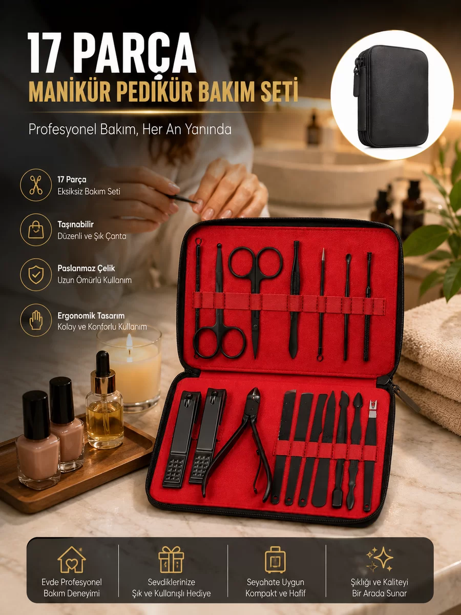 Paslanmaz Çelik 17 Parça Manikür Pedikür Seti ve Taşınabilir Şık Çanta 1 Paslanmaz Çelik 17 Parça Manikür Pedikür Seti ve Taşınabilir Şık Çanta