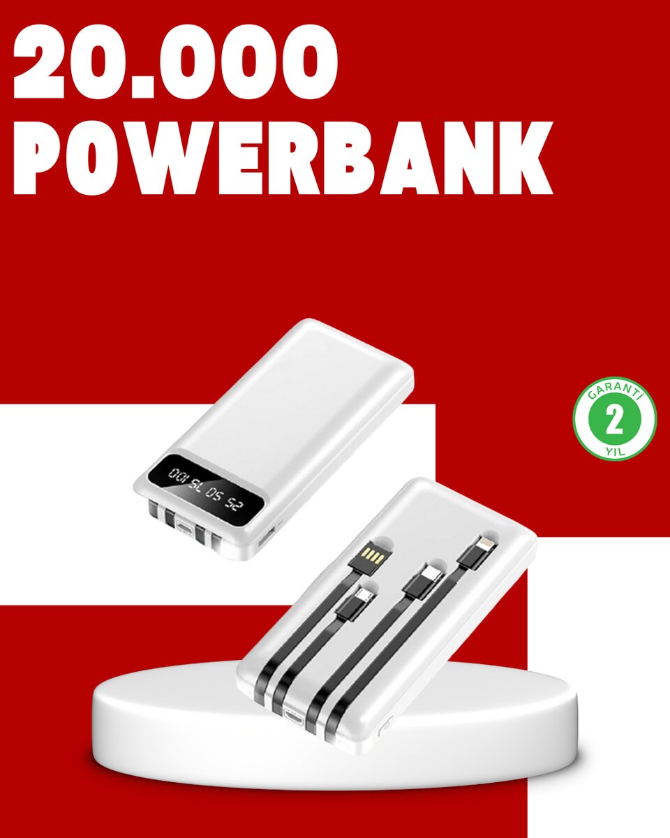 20.000mAh PD Powerbank LED Işık LCD Ekran Dahili Kablo Çoklu Giriş 1 20.000mAh PD Powerbank LED Işık LCD Ekran Dahili Kablo Çoklu Giriş