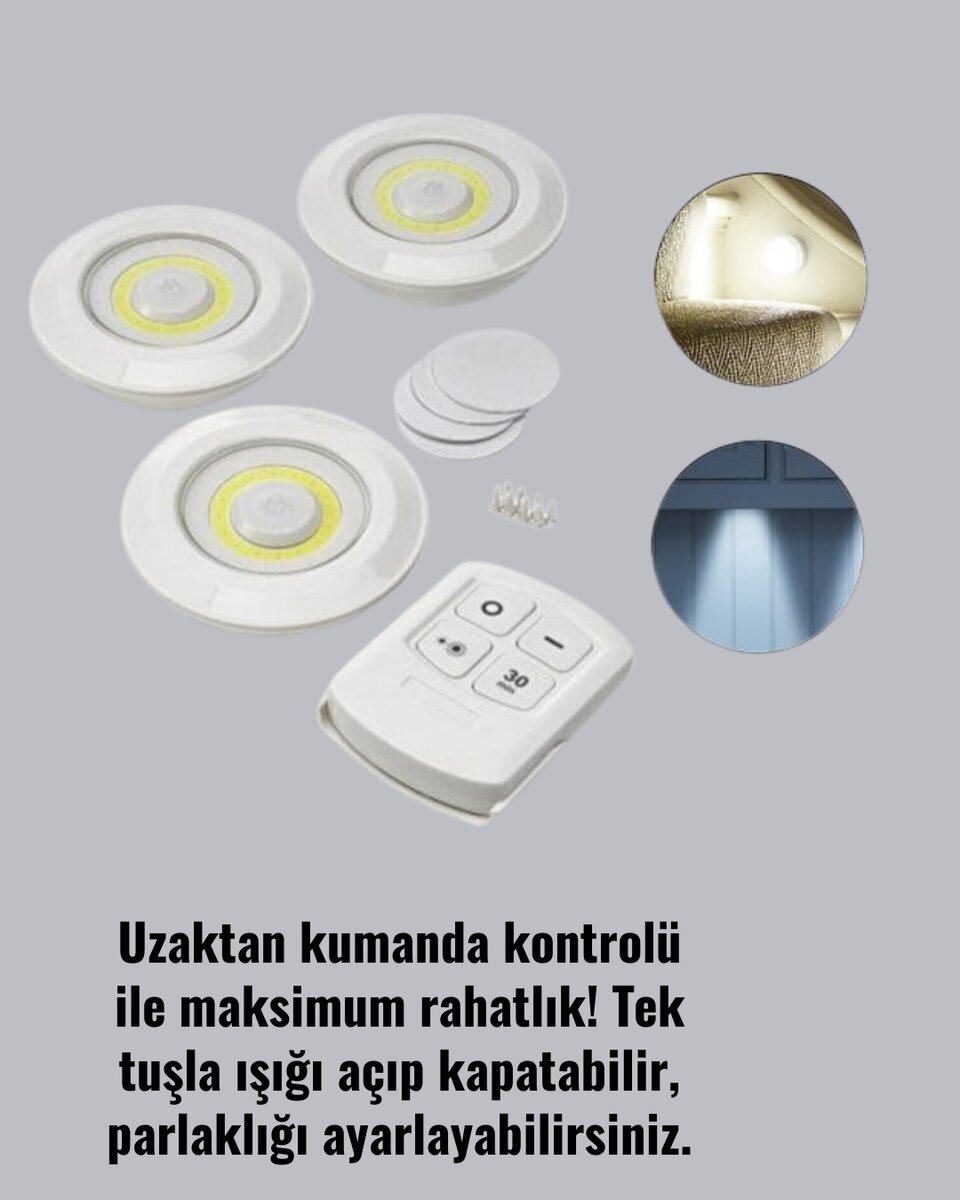 Ev Ofis Kamp İçin Uygun Uzaktan Kumandalı Yapışkanlı Kablosuz Led Spot Lambalar 3 Ev Ofis Kamp İçin Uygun Uzaktan Kumandalı Yapışkanlı Kablosuz Led Spot Lambalar - Görsel 3