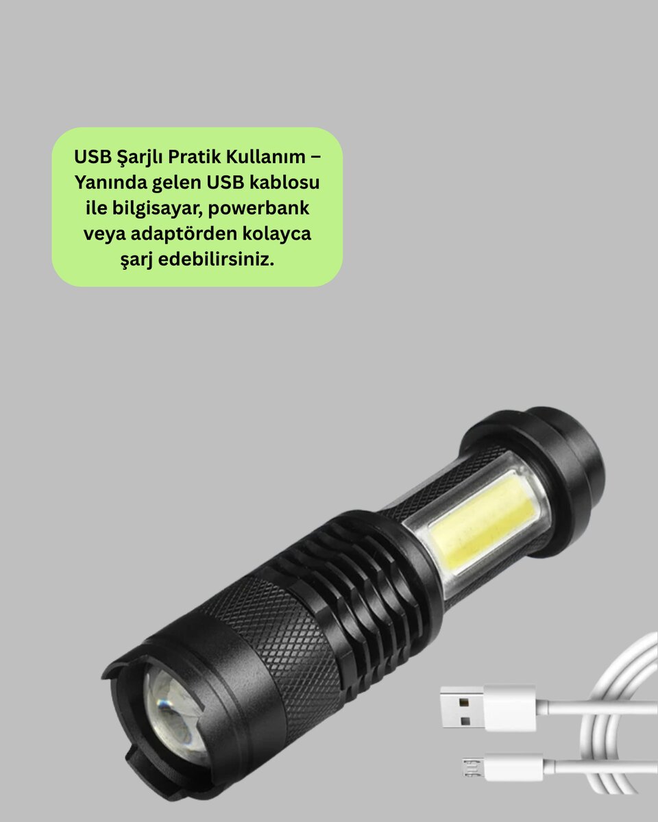 Şarjlı Mini LED El Feneri 2000 Lümen Su Geçirmez 2 Şarjlı Mini LED El Feneri 2000 Lümen Su Geçirmez - Görsel 2