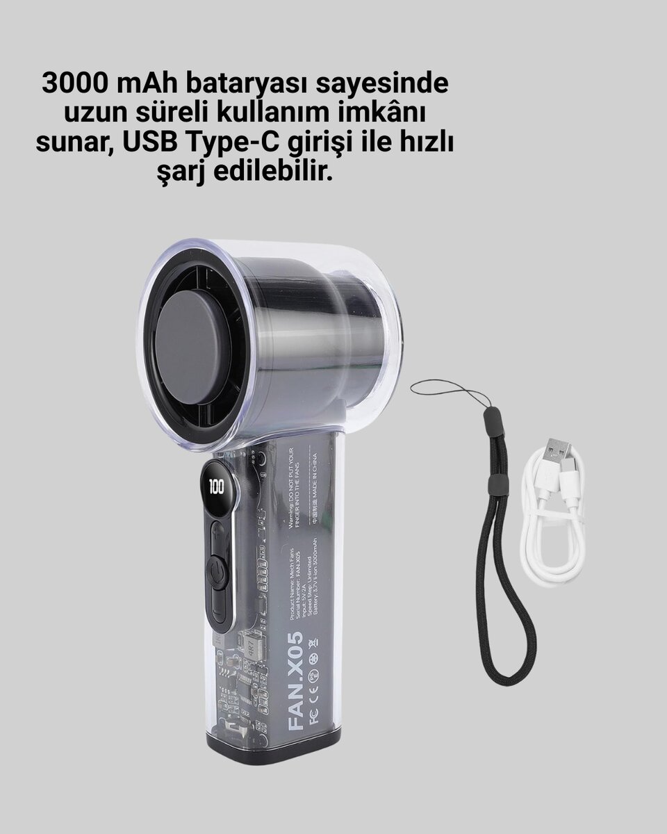Dijital Ekranlı Şarjlı Mini Fan 100 Kademeli Hız Ayarı 2 Dijital Ekranlı Şarjlı Mini Fan 100 Kademeli Hız Ayarı - Görsel 2