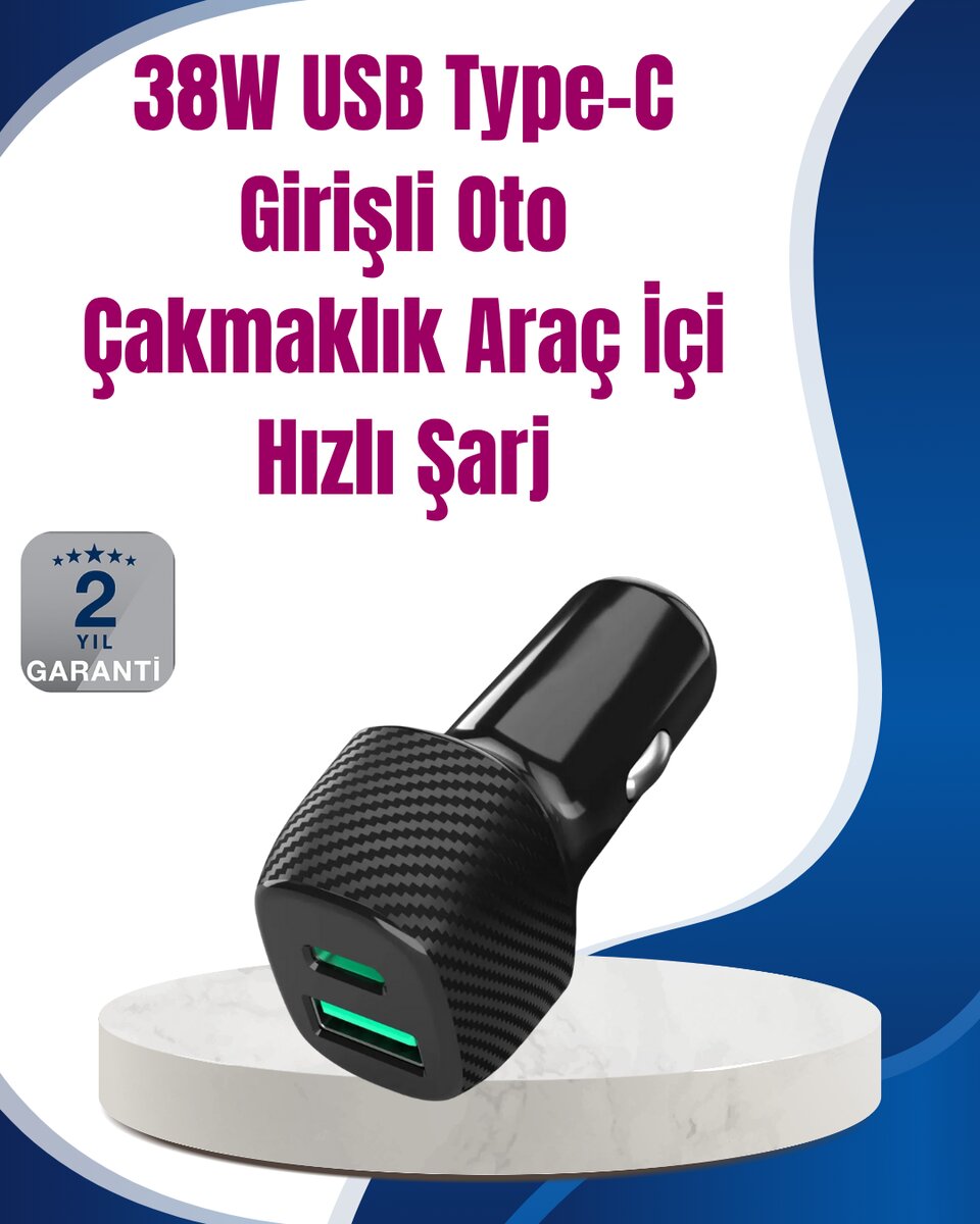Power Delivery Destekli 38W Araç Tipi Hızlı Şarj Cihazı 1 Power Delivery Destekli 38W Araç Tipi Hızlı Şarj Cihazı