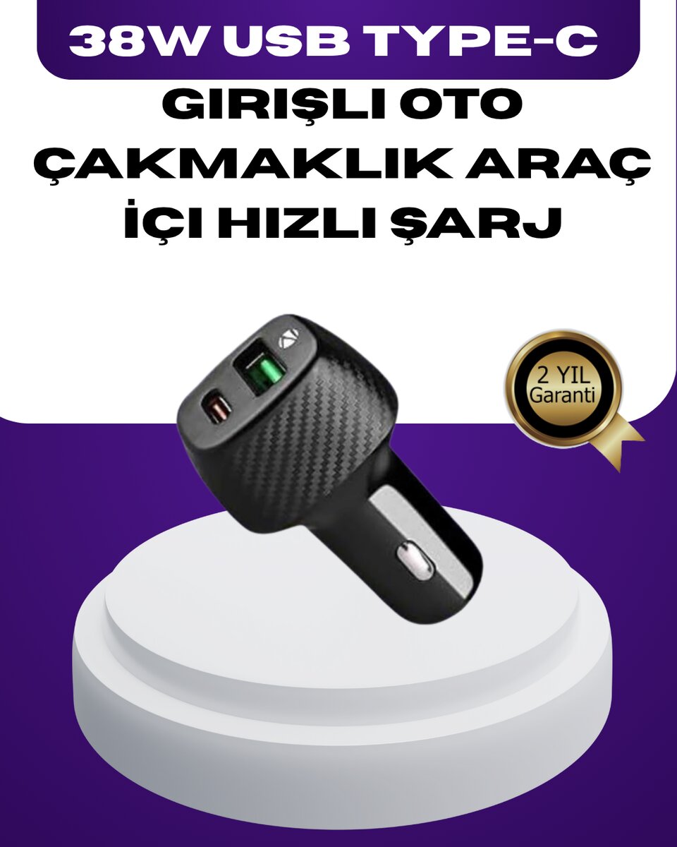 38W Çift Çıkışlı Araç Şarj Cihazı – Type-C ve USB PD Destekli 1 38W Çift Çıkışlı Araç Şarj Cihazı – Type-C ve USB PD Destekli