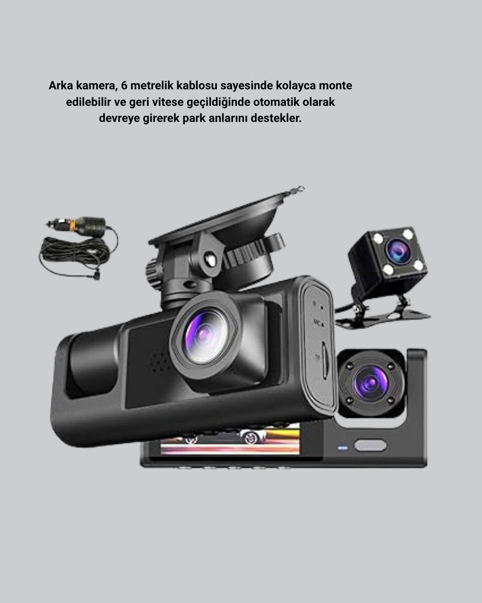 Full HD Üç Kameralı Araç Kamerası 170° Geniş Açılı ve Park Destekli 4 Full HD Üç Kameralı Araç Kamerası 170° Geniş Açılı ve Park Destekli - Görsel 4