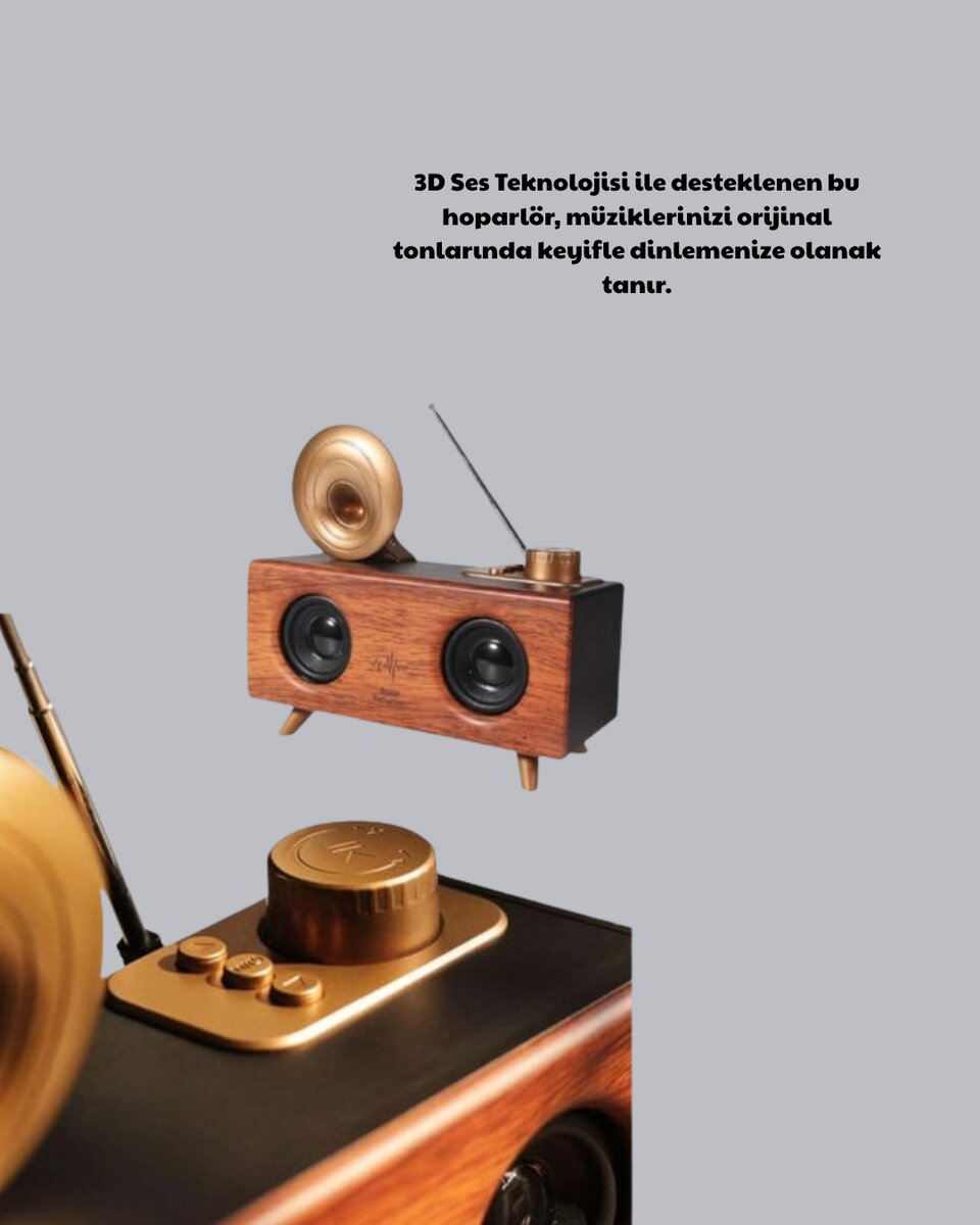 Çift Hoparlörlü Bluetooth Gramofon Speaker – FM Radyo USB SD Kart ve AUX Girişli 4 Çift Hoparlörlü Bluetooth Gramofon Speaker – FM Radyo USB SD Kart ve AUX Girişli - Görsel 4