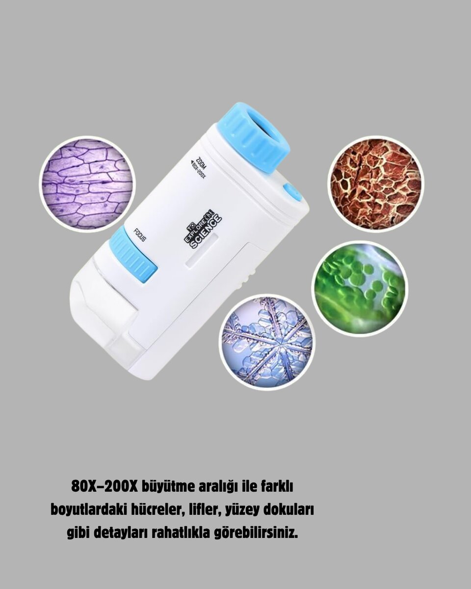 Taşınabilir Mini Mikroskop LED Işıklı 80X–200X Büyütmeli ve Odak Ayarlı 3 Taşınabilir Mini Mikroskop LED Işıklı 80X–200X Büyütmeli ve Odak Ayarlı - Görsel 3