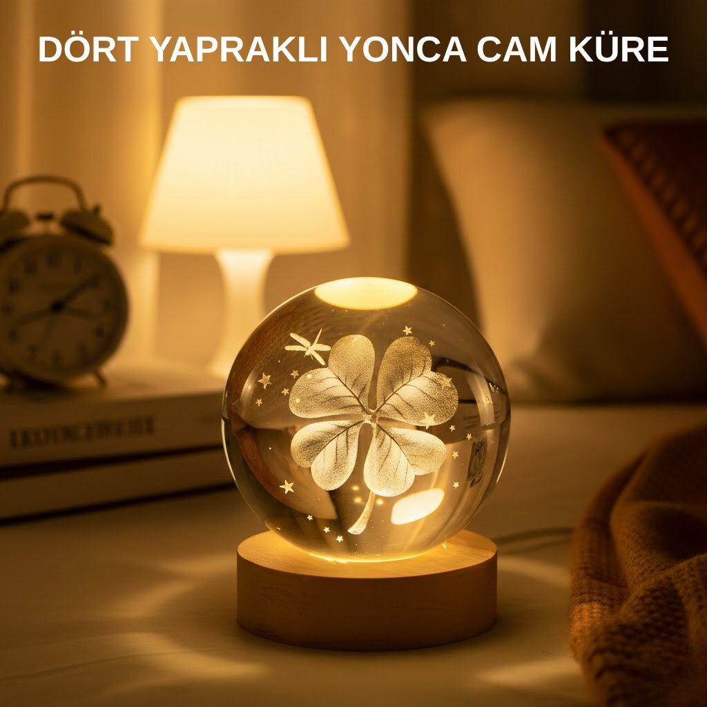 USB Bağlantılı Yonca Bitkili Cam Küre Ahşap Altlıklı Dekoratif Lamba 1 USB Bağlantılı Yonca Bitkili Cam Küre Ahşap Altlıklı Dekoratif Lamba