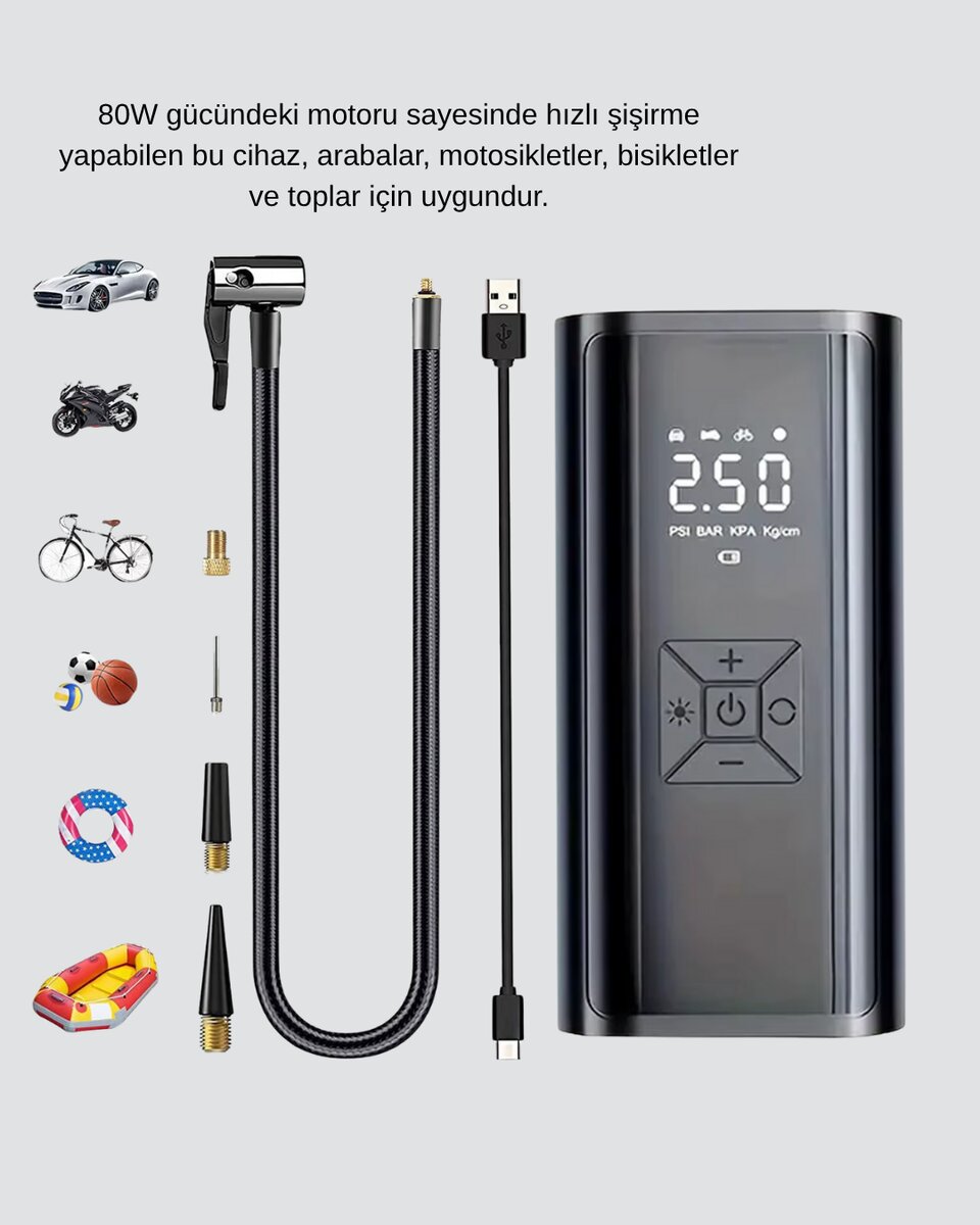 Taşınabilir 80W Kablosuz Lastik Şişirme Pompası Dijital Ekranlı 4 Taşınabilir 80W Kablosuz Lastik Şişirme Pompası Dijital Ekranlı - Görsel 4