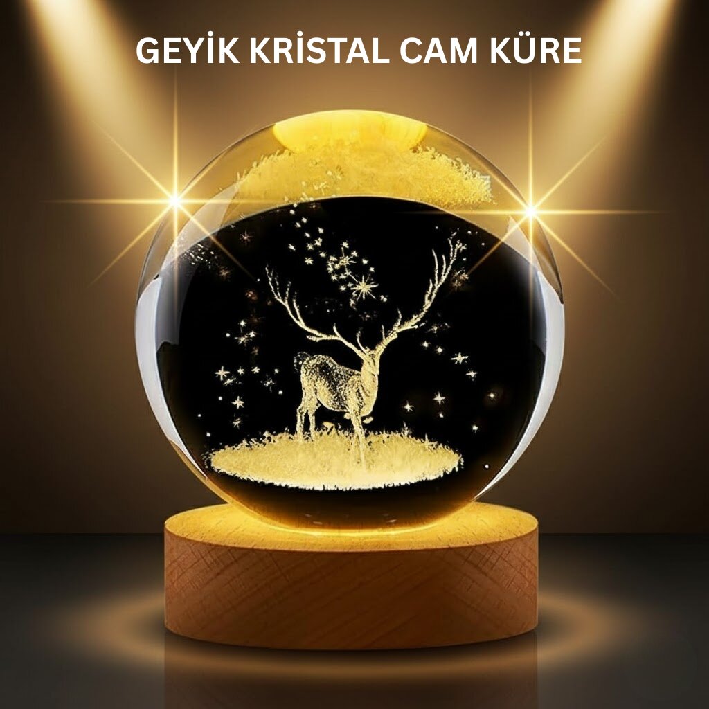 LED Işıklı Geyikli Kristal Küre Ahşap Standlı Modern Dekor Lamba 1 LED Işıklı Geyikli Kristal Küre Ahşap Standlı Modern Dekor Lamba