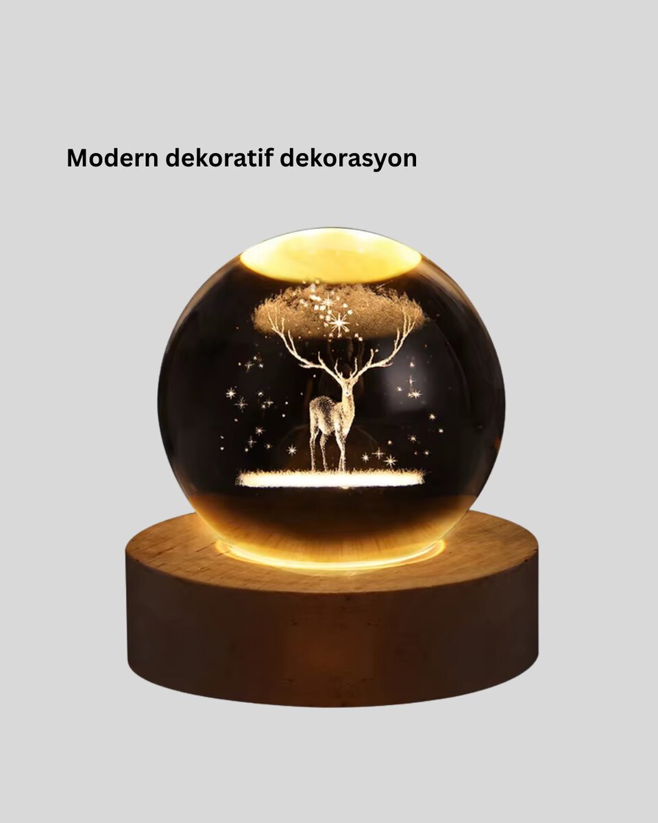LED Işıklı Geyikli Kristal Küre Ahşap Standlı Modern Dekor Lamba 3 LED Işıklı Geyikli Kristal Küre Ahşap Standlı Modern Dekor Lamba - Görsel 3