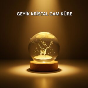 USB Bağlantılı Geyik Temalı Kristal Küre Premium Masa Gece Lambası