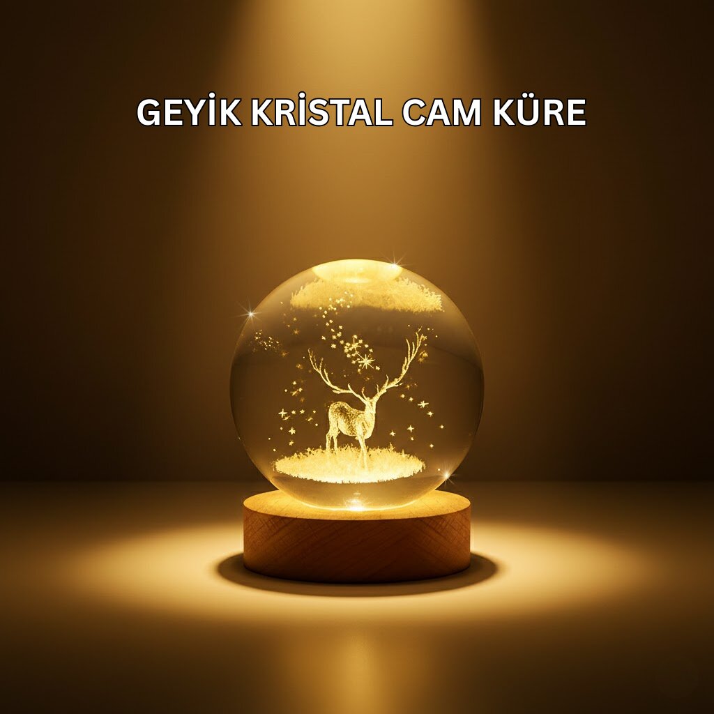 USB Bağlantılı Geyik Temalı Kristal Küre Premium Masa Gece Lambası 1 USB Bağlantılı Geyik Temalı Kristal Küre Premium Masa Gece Lambası