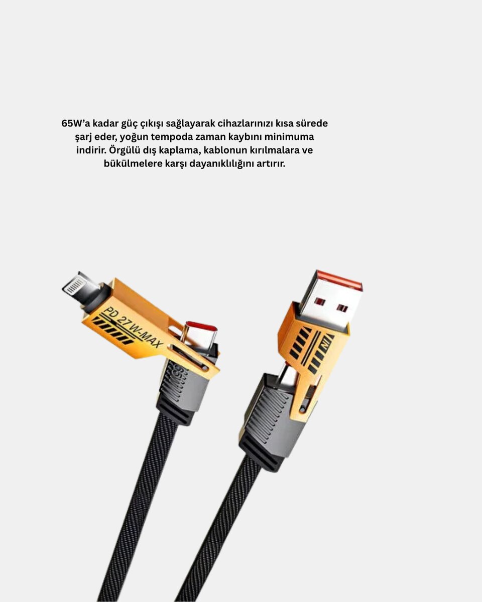 65W Çoklu Şarj Kablosu 4’ü 1 Arada Örgülü Hızlı Veri Aktarım USB-C USB-A 3 65W Çoklu Şarj Kablosu 4’ü 1 Arada Örgülü Hızlı Veri Aktarım USB-C USB-A - Görsel 3