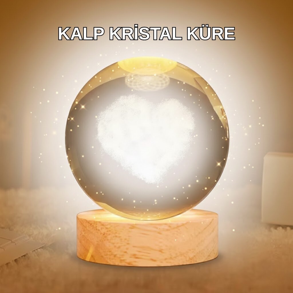 Kalpli LED Işıklı Cam Küre Büyük Boy Kristal Tasarım 1 Kalpli LED Işıklı Cam Küre Büyük Boy Kristal Tasarım