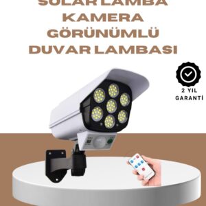 Güneş Enerjili LED Lamba + Güvenlik Kamerası Görünümlü– 5-8 m Hareket Algılamalı Beyaz Işık