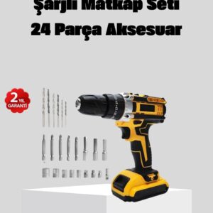 24 Parça Çift Bataryalı Akülü Darbeli Matkap – Güçlü Motor, Metal Dişli, LED Işıklı
