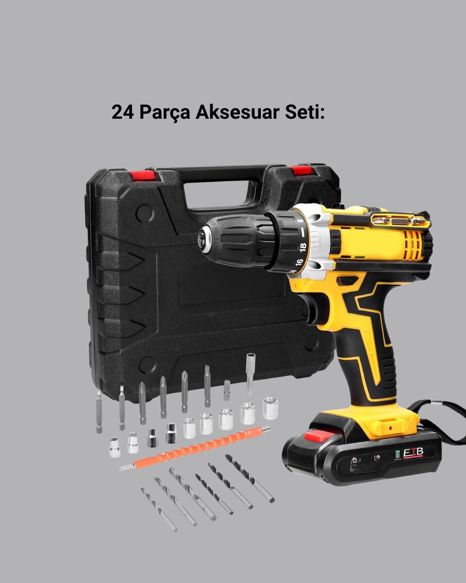 24 Parça Çift Bataryalı Akülü Darbeli Matkap – Güçlü Motor, Metal Dişli, LED Işıklı 4 24 Parça Çift Bataryalı Akülü Darbeli Matkap – Güçlü Motor, Metal Dişli, LED Işıklı - Görsel 4
