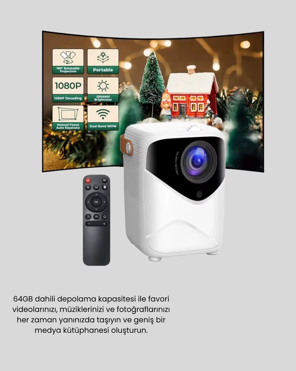 Taşınabilir 1080P HD Akıllı Projektör – 64GB Dahili Hafıza 2GB RAM Uzaktan Kumandalı 4 Taşınabilir 1080P HD Akıllı Projektör – 64GB Dahili Hafıza 2GB RAM Uzaktan Kumandalı - Görsel 4