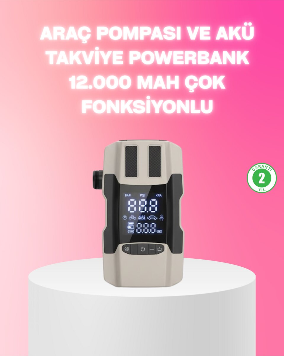 Araç Hava Pompası ve Akü Takviye Powerbank 12.000 mAh Çok Fonksiyonlu 1 Araç Hava Pompası ve Akü Takviye Powerbank 12.000 mAh Çok Fonksiyonlu