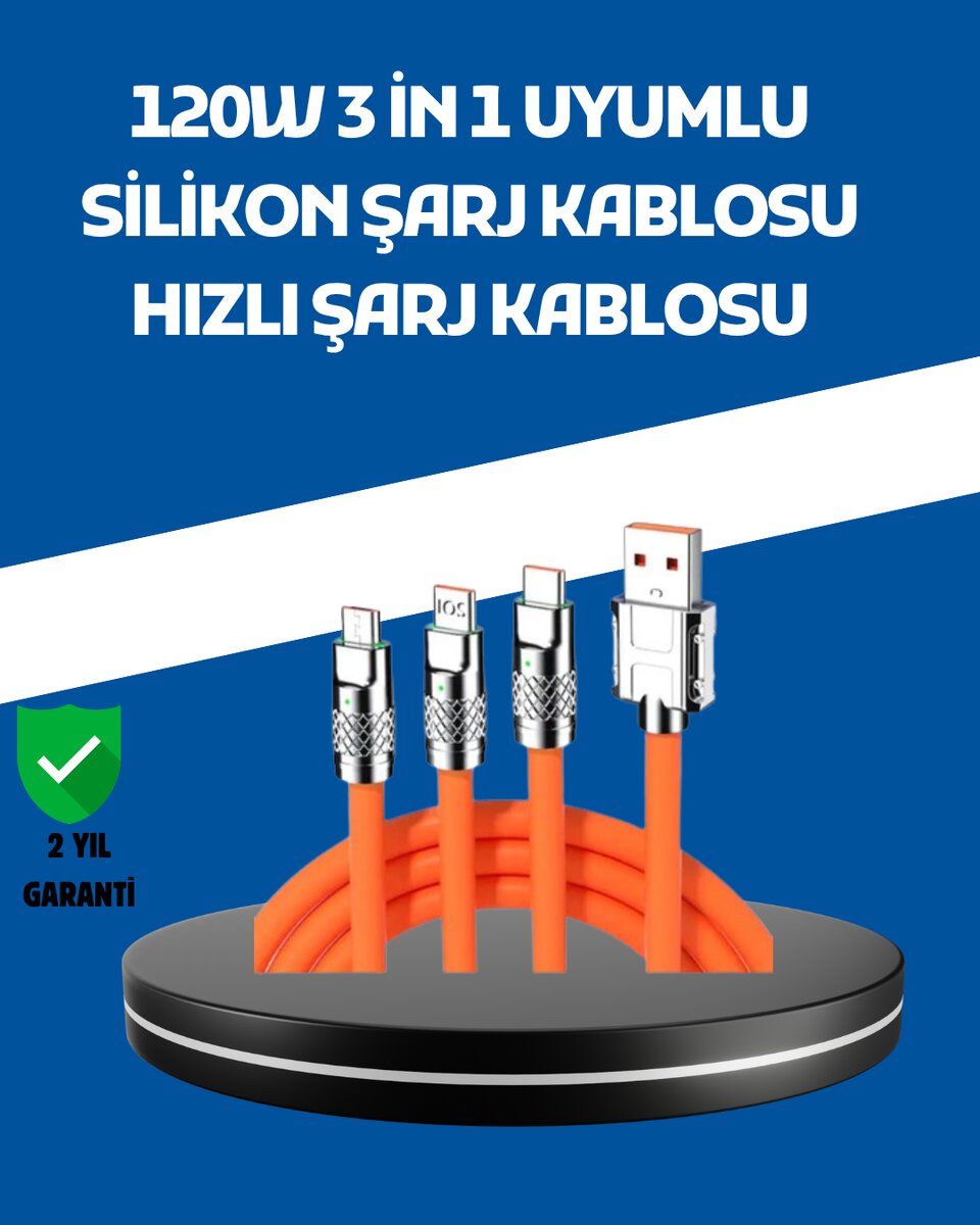 120W Şarj Destekli 3’ü 1 Arada Çoklu Şarj Kablosu – 1.2 Metre 1 120W Şarj Destekli 3’ü 1 Arada Çoklu Şarj Kablosu – 1.2 Metre
