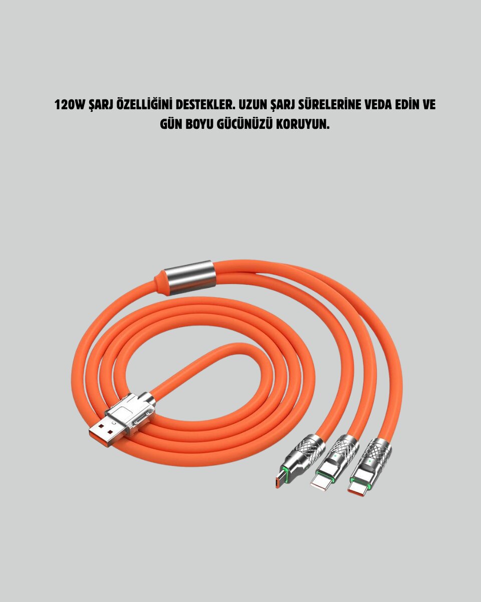 120 W Şarj ve Veri Aktarımı Kablo– 3 Başlıklı Çok Amaçlı Kablo Yüksek Hızlı 2 120 W Şarj ve Veri Aktarımı Kablo– 3 Başlıklı Çok Amaçlı Kablo Yüksek Hızlı - Görsel 2