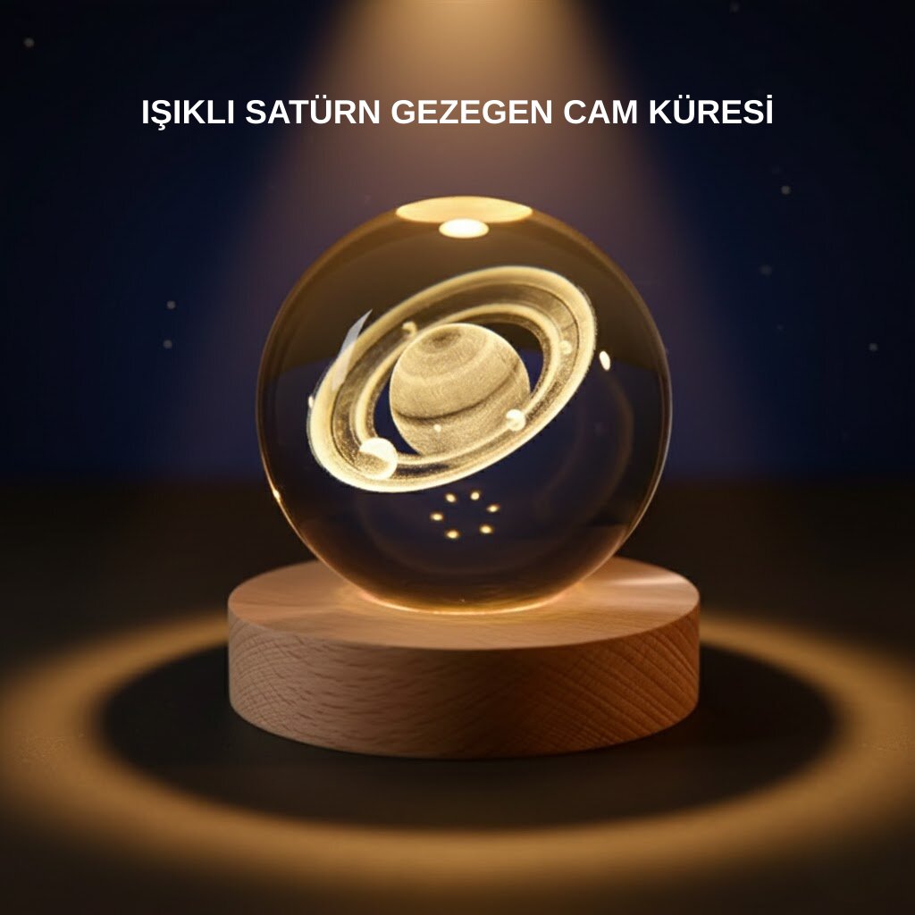 Satürn Desenli Kristal Küre LED Gece Lambası Ahşap Standlı 1 Satürn Desenli Kristal Küre LED Gece Lambası Ahşap Standlı