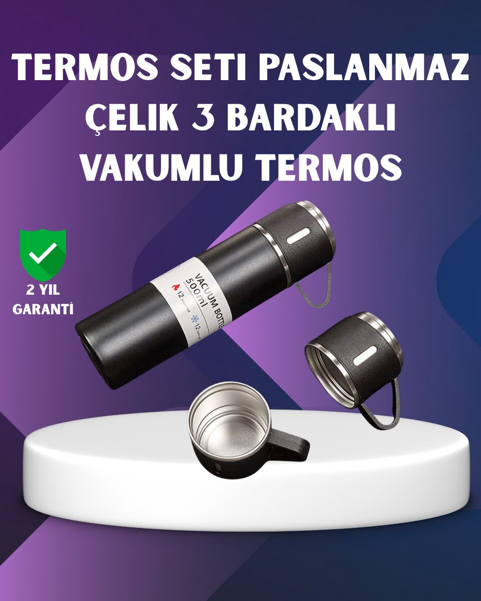 Paslanmaz Termos ve İkili Bardak Seti | 6-12 Saat Sıcak/Soğuk Tutma 1 Paslanmaz Termos ve İkili Bardak Seti | 6-12 Saat Sıcak/Soğuk Tutma