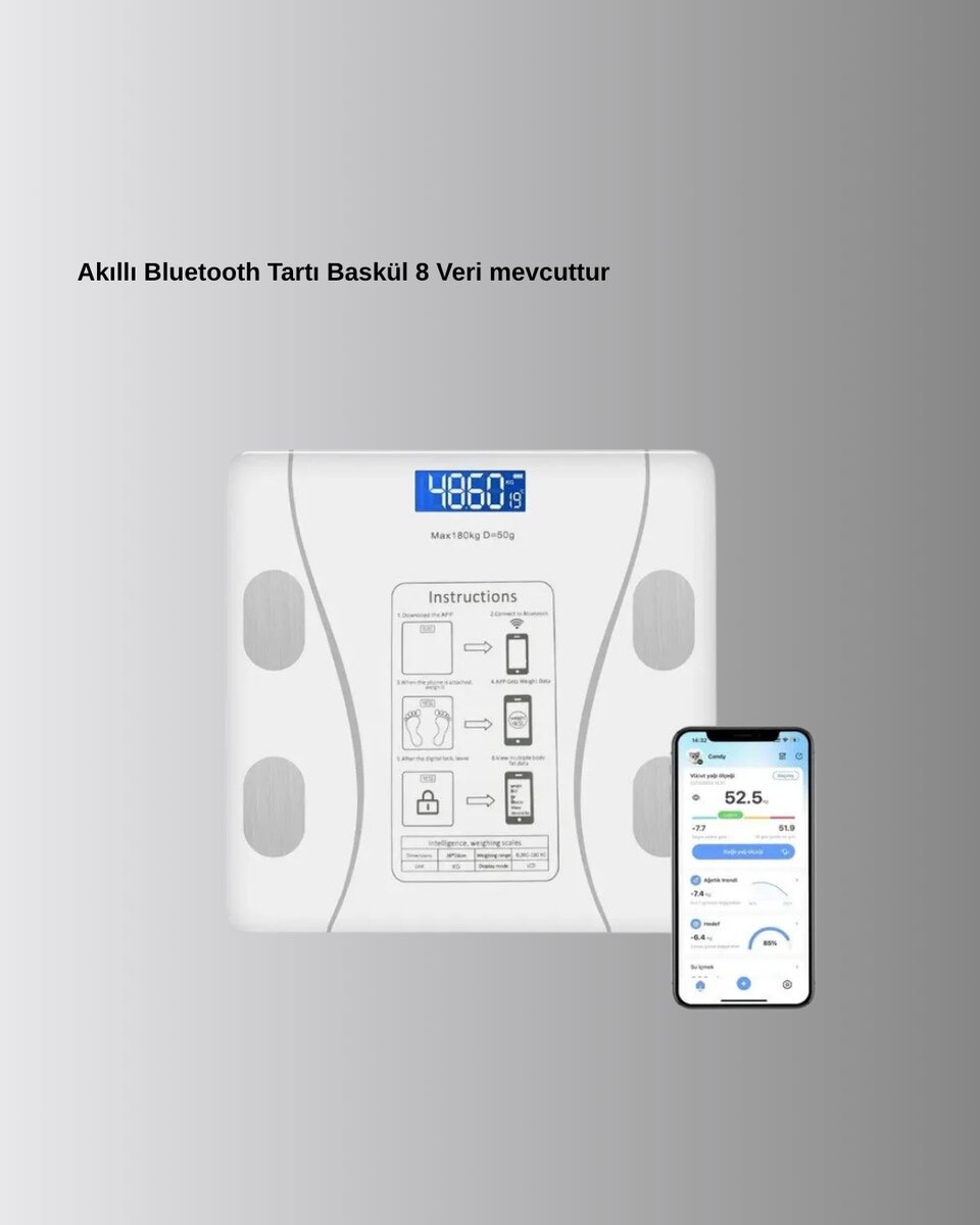 Akıllı Bluetooth Tartı – 8 Farklı Ölçüm Verisi Otomatik Kişi Tanıma 3 Akıllı Bluetooth Tartı – 8 Farklı Ölçüm Verisi Otomatik Kişi Tanıma - Görsel 3