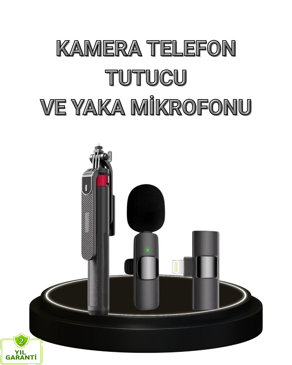 Vlog ve Canlı Yayın İçin Çift Yaka Mikrofonu ve Tripodlu Selfie Çubuğu Seti 1 Vlog ve Canlı Yayın İçin Çift Yaka Mikrofonu ve Tripodlu Selfie Çubuğu Seti