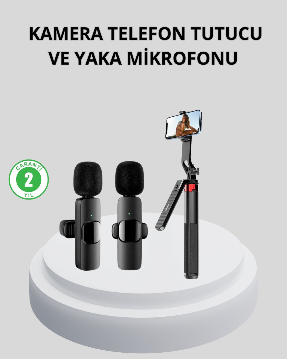 Kablosuz Çift Yaka Mikrofonu ve Tripodlu Selfie Çubuğu İçerik Üretici Seti 1 Kablosuz Çift Yaka Mikrofonu ve Tripodlu Selfie Çubuğu İçerik Üretici Seti
