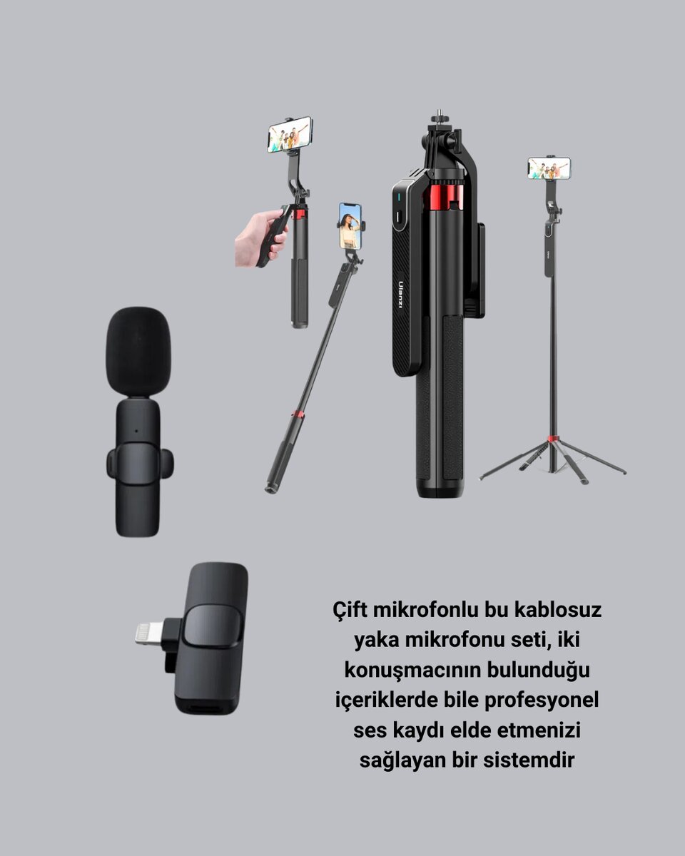Kablosuz Çift Yaka Mikrofonu ve Tripodlu Selfie Çubuğu İçerik Üretici Seti 3 Kablosuz Çift Yaka Mikrofonu ve Tripodlu Selfie Çubuğu İçerik Üretici Seti - Görsel 3