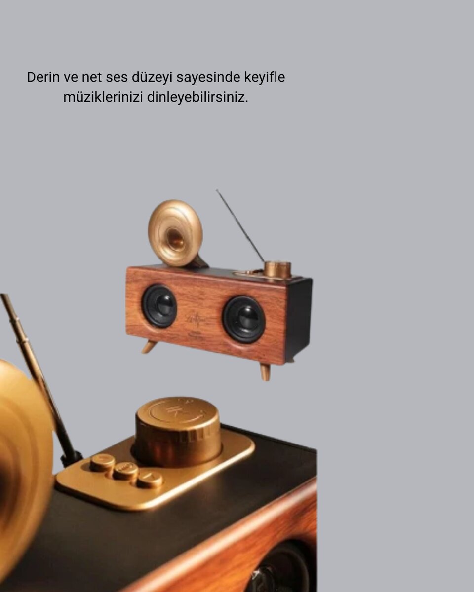 Retro Gramafon Bluetooth Hoparlör Çift Stereo Sesli FM Radyo Destekli 2 Retro Gramafon Bluetooth Hoparlör Çift Stereo Sesli FM Radyo Destekli - Görsel 2