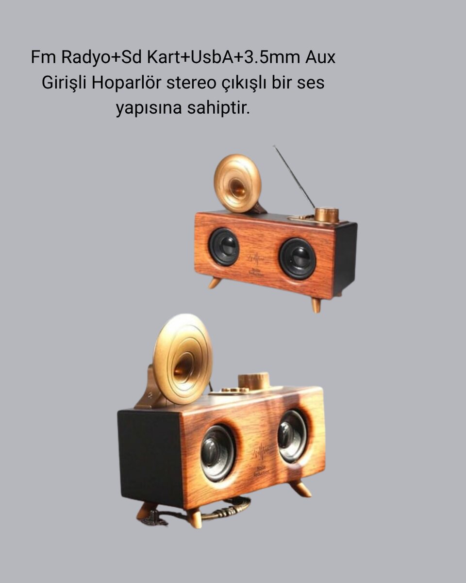 Retro Gramafon Bluetooth Hoparlör Çift Stereo Sesli FM Radyo Destekli 3 Retro Gramafon Bluetooth Hoparlör Çift Stereo Sesli FM Radyo Destekli - Görsel 3
