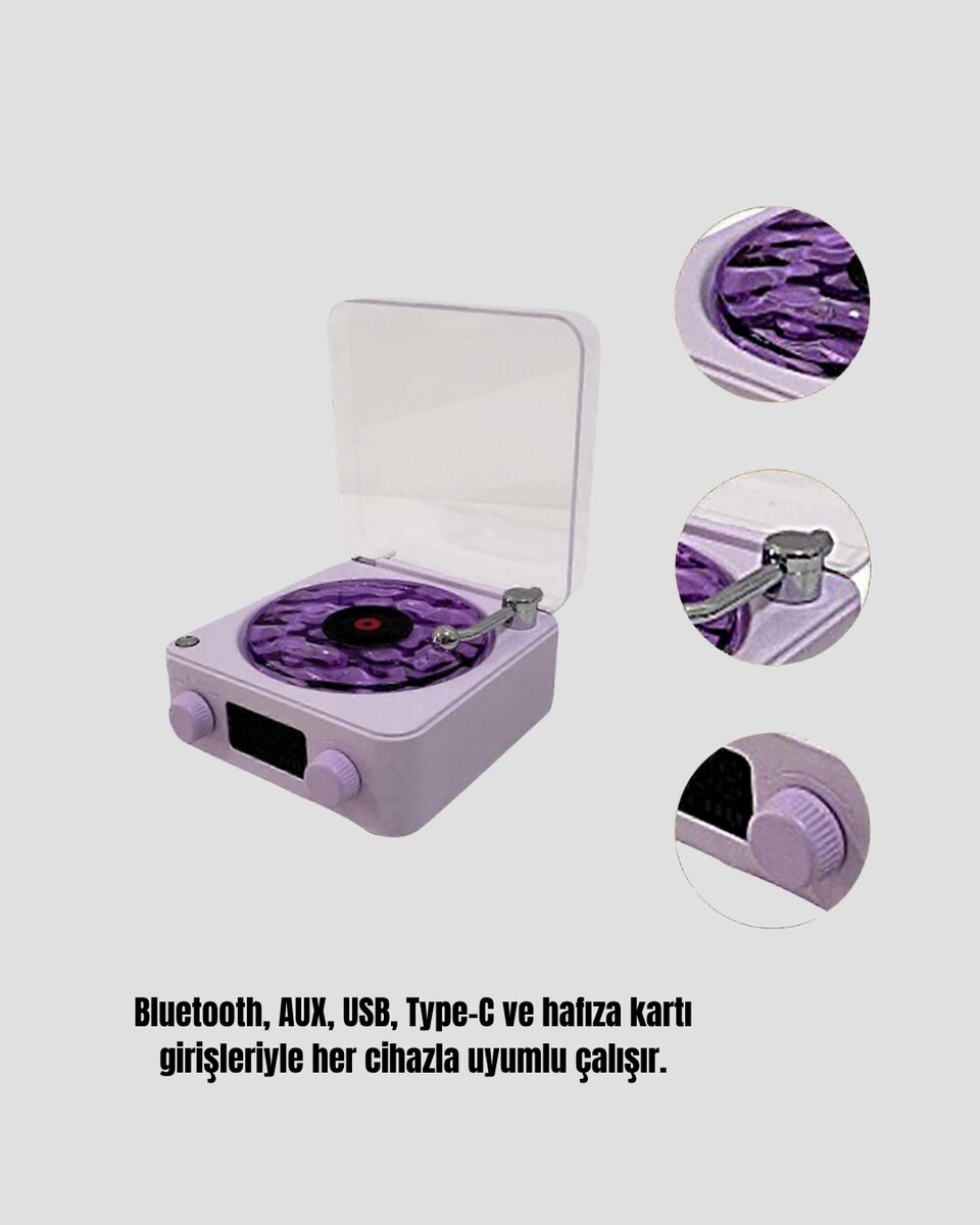 Bluetooth Retro Pikap Hoparlör 360 Derece Ses Projektörlü Gece Lambası Çok Fonksiyonlu 3 Bluetooth Retro Pikap Hoparlör 360 Derece Ses Projektörlü Gece Lambası Çok Fonksiyonlu - Görsel 3