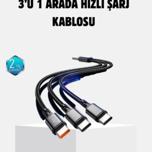 3 Başlıklı Hızlı Şarj Kablosu Metal Alaşımlı Dayanıklı ve Akıllı Çipli