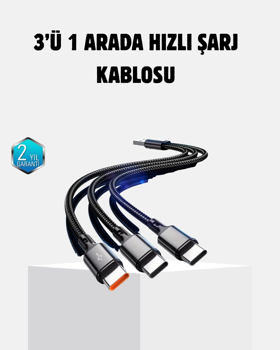 3 Başlıklı Hızlı Şarj Kablosu Metal Alaşımlı Dayanıklı ve Akıllı Çipli 1 3 Başlıklı Hızlı Şarj Kablosu Metal Alaşımlı Dayanıklı ve Akıllı Çipli